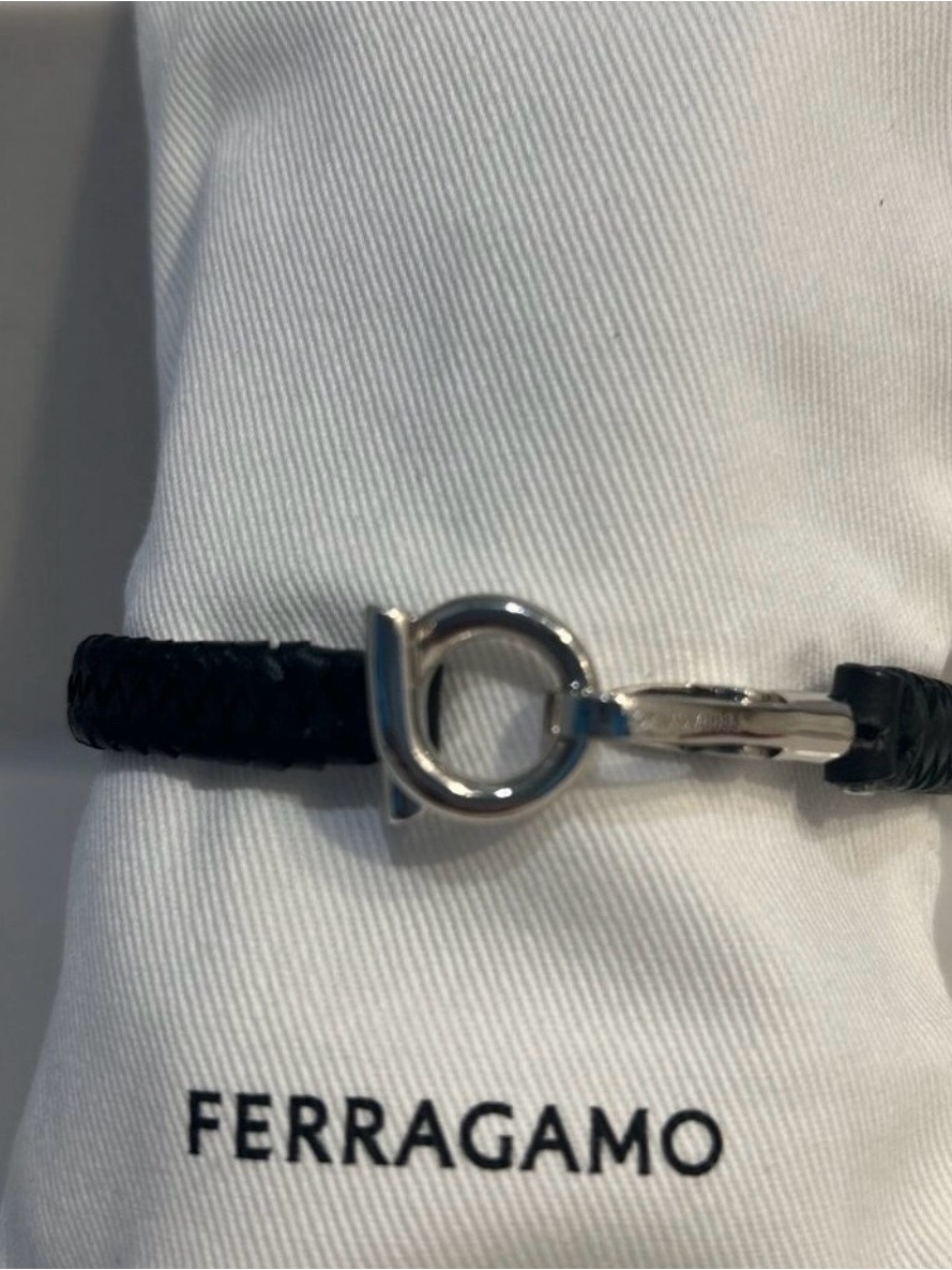 New Salvatore Ferragamo Gancio Black Leather Bracelet With Tag